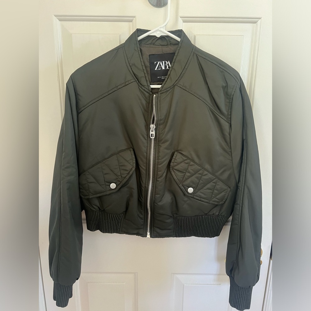 Zara cropped bomber jacket olive green